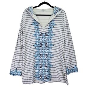 ORVIS Womens Tunic Hooded Top Small Striped Embroidered Boho Beach‎ Cover Up